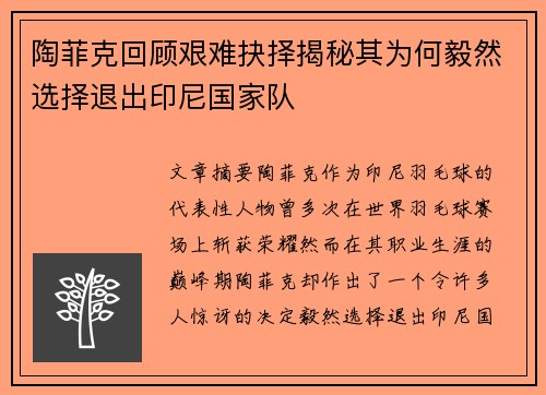 陶菲克回顾艰难抉择揭秘其为何毅然选择退出印尼国家队